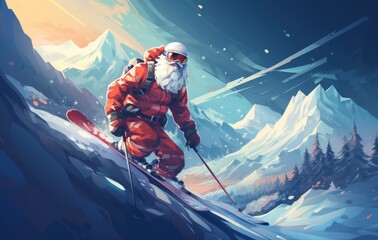 santa skiing in the snow with snow covered mountains