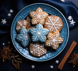 blue ginger cookies on a plate of blue snowflakes