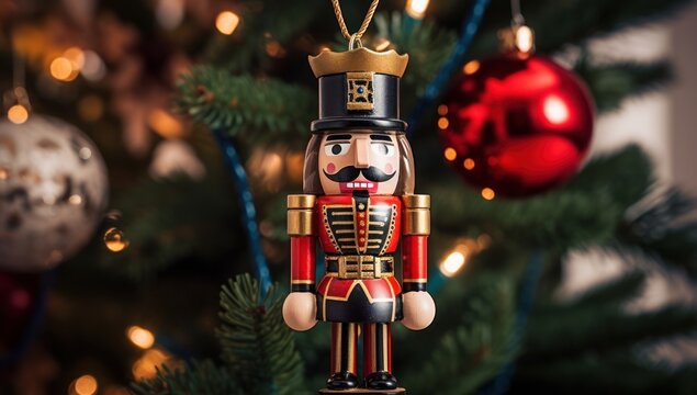 a wooden nutcracker is hanging on a christmas tree