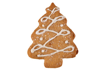 Christmas tree shaped cookie decorated with royal icing, isolated on white background. Christmas food, pastry background. New Year theme