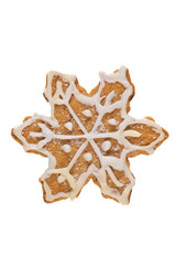 Cute fresh gingerbread snowflake decorated with royal icing, isolated on white background. Christmas food, pastry background. New Year theme