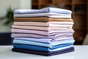 Neatly Folded Shirts on Tabletop: Home Housekeeping with Piled & Pressed Clothing Stack