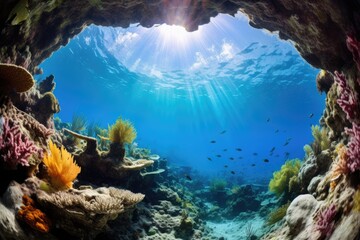 Discover the Wonders of Blue Hole Belize: Stunning Underwater Views of Diverse Coral and Fish Surrounds in the Clear Blue Ocean Waters - obrazy, fototapety, plakaty