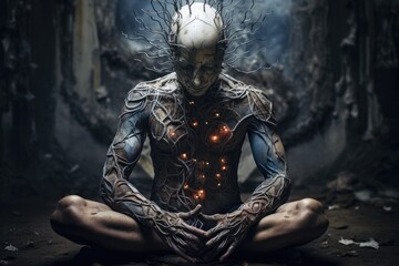 Spiritual Body: Man with Fractured Aura and Dark Conceptual Body Art, Created through Demolition and Beauty of Belief - obrazy, fototapety, plakaty