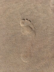 Fototapeta na wymiar Closeup of a footprint on a beach sand