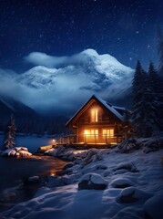 a fairytale house in night by snowy mountains