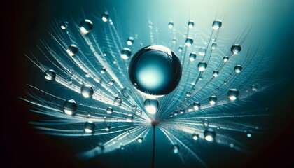 A macro photograph shows a dandelion seed with water droplets, with a large droplet in the center creating a lens effect against a blue background.