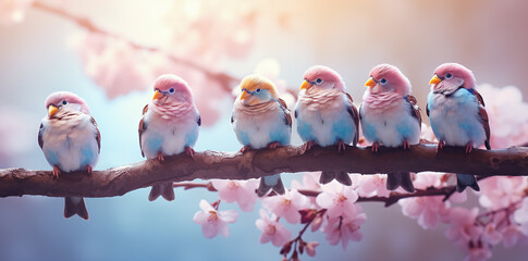 Cute blue and pink birds on a tree branch