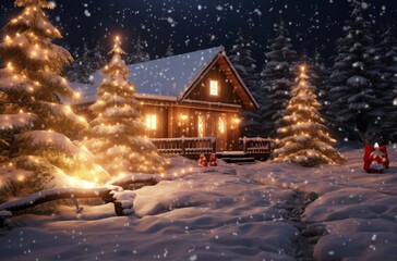a christmas tree and lighted house in the snow