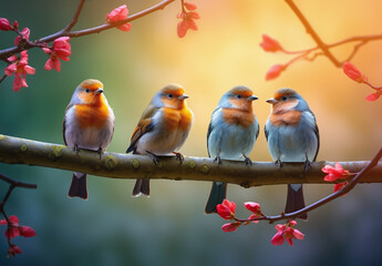 Cute colorful birds on a tree branch at sunset
