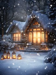 a cottage is painted in snow with lights and candlestick