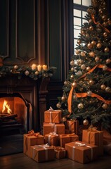 christmas tree and wrapping gifts by the fireplace