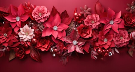 a red background with poinsettias are placed on it
