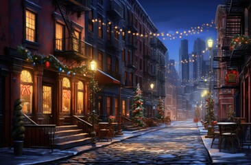 night Christmas city street with light string