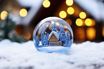 a blue glob surrounded by snow, trees and a house - obrazy, fototapety, plakaty