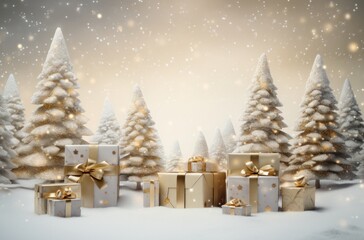 christmas trees around gifts and trees in snow