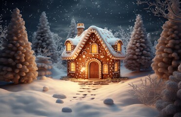 a gingerbread house and snow filled trees on the ground