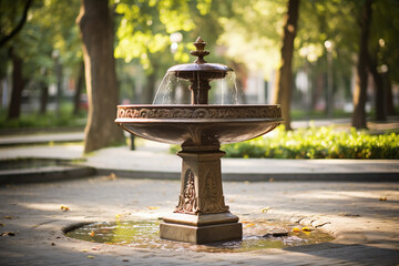 Fountain in the park, jets of water, visual harmony. This image reflects the beauty of nature, where the fountain becomes the central element.