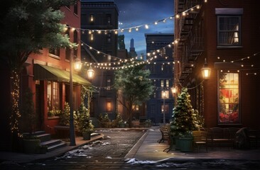 night Christmas city street with light string