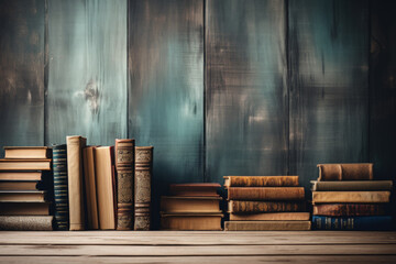 Vintage books on rustic wooden desk background with empty space for text 