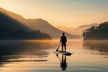 Paddleboarder on serene lake at sunrise background with empty space for text 