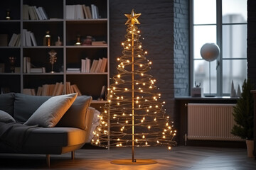 Modern loft interior, living room with sofa and pillows, window, rack, alternative eco christmas tree made of metal wire decorated with a glowing garland and star. New year, zero waste, eco friendly