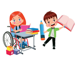 little kid sit on wheelchair and feel happy