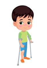 happy cute boy walking with crutches