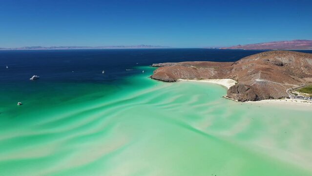 Scenic aerial view of Balandra beach in La Paz, Baja California Sur, Mexico. Famous destination site in Mexico