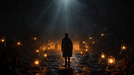 A beacon or lantern lighting up a dark path, symbolizing Stoicism as a guiding light through life's journ