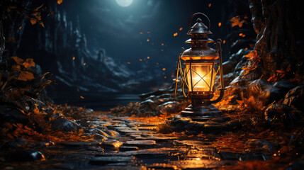 A beacon or lantern lighting up a dark path, symbolizing Stoicism as a guiding light through life's journ
