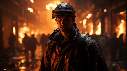 Fototapeta premium A firefighter is walking into a burning building