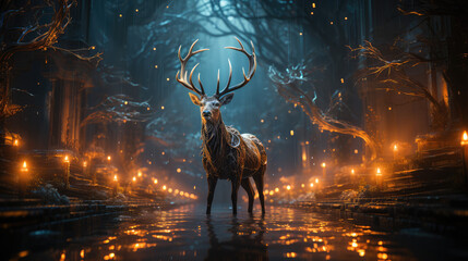 a magic festive reindeer covered in glowing lights in pine forest - obrazy, fototapety, plakaty