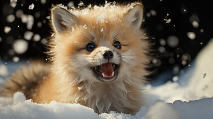 Obraz na płótnie Canvas cute baby fox playing in winter snow