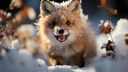 Tuinposter cute baby fox playing in winter snow © akarawit