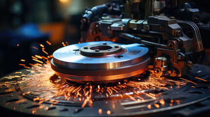 the brake disc grinding process of a vehicle for a mechanical workshop promotion - obrazy, fototapety, plakaty