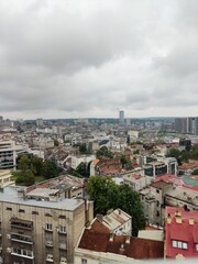 Vertical of the cityscape of Belgrade, the buildings of the capital city of Serbia on a cloudy day