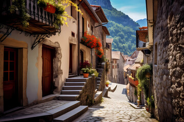 alley in quaint Alpine mountain village in Autumn