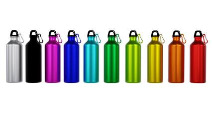 Set of colorful metal water bottle with carabiner isolated on transparent and white background. Bottle concept. 3D render