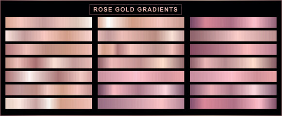 Set of gold rose foil texture. Collection of pink metallic textures isolated on black background. Vector illustration