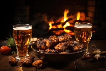 Firelight Feast: A feast of grilled chicken wings and a beer-filled glass set against the warm glow of a fireplace, creating a cozy ambiance for culinary indulgence