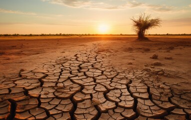 Drought: Cracked earth in what used to be a body of water or a lush area, portraying the severity of drought conditions. - obrazy, fototapety, plakaty