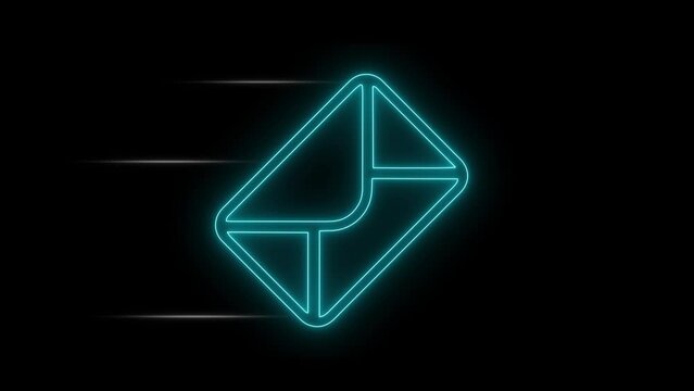 message icon flying in black background. Neon glowing light
