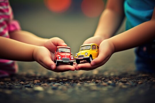 Toy Car Collector's Delight: A child's hands hold a variety of toy cars, portraying the joy of collecting and the imaginative world of childhood play