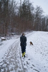 Vertical of a female in a coat walking her dog along the woods in winter