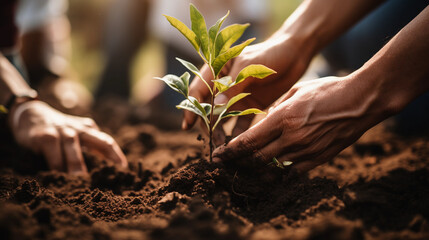 Fototapeta premium Hands holding a plant. Family planting a tree. Ecology concept.