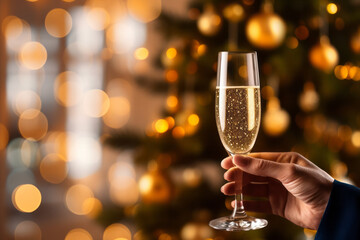 Christmas celebration. A woman holding a glass of champagne with a christmas tree background