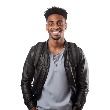 Black male smiling student standing up, body view, smiling, isolated on white, transparent background