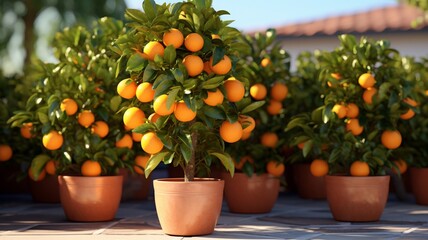 Pot small orange fruit trees high resolution Ai generated Pictures - obrazy, fototapety, plakaty