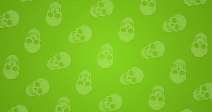 Seamless loop repeated pattern flat animated motion graphics background. Abstract pattern background. Individually Rotating human skull graphic over parrot green color background.